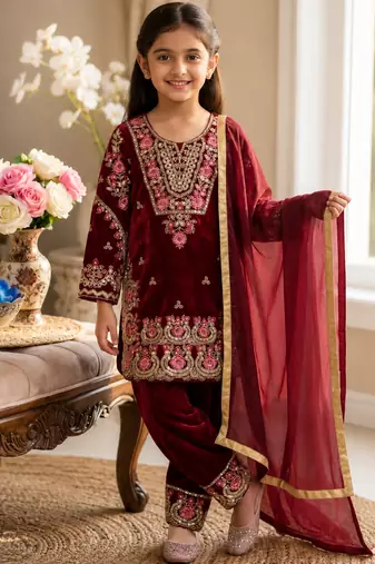 Wine fendi silk embroidery sequence work for girls kids dress set