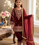 Wine fendi silk embroidery sequence work for girls kids dress set