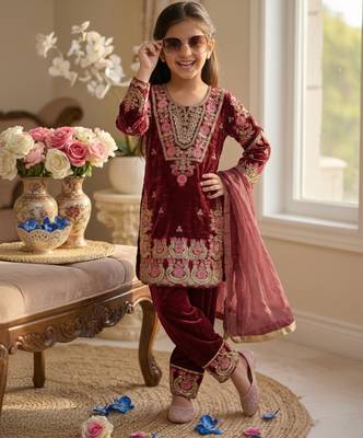 Wine fendi silk embroidery sequence work for girls kids dress set 2