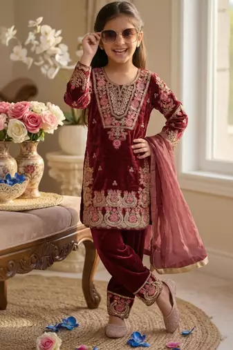 Wine fendi silk embroidery sequence work for girls kids dress set