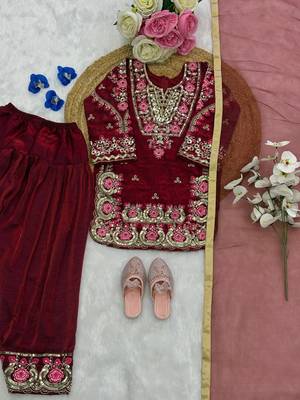 Wine fendi silk embroidery sequence work for girls kids dress set 3