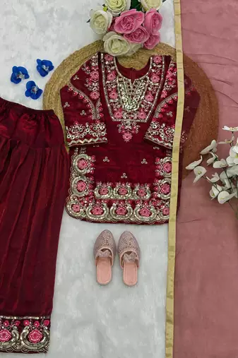 Wine fendi silk embroidery sequence work for girls kids dress set