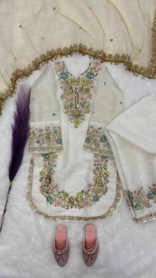 White gmy silk embroidery sequence work girls kids dress set 3