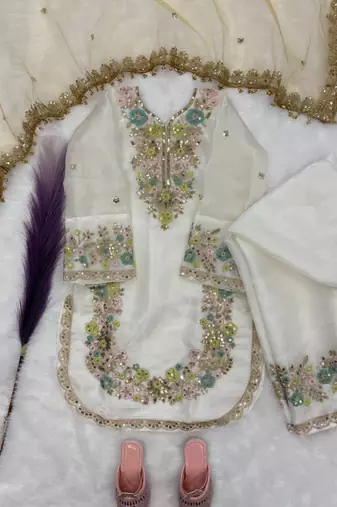 White gmy silk embroidery sequence work girls kids dress set