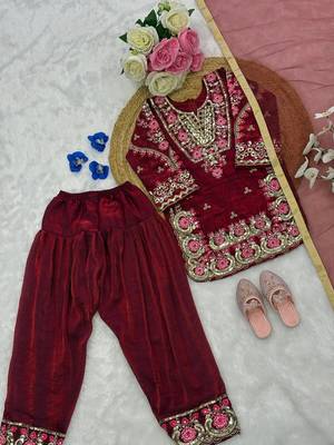 Wine fendi silk embroidery sequence work for girls kids dress set 4