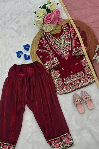 Wine fendi silk embroidery sequence work for girls kids dress set