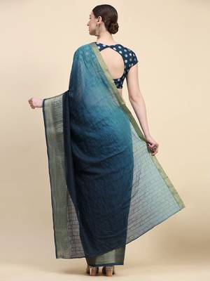 Blue elegant zari woven linen saree with blouse piece 5