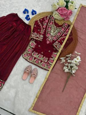 Wine fendi silk embroidery sequence work for girls kids dress set 5