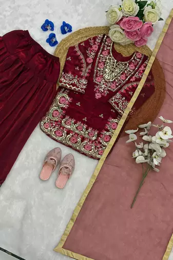 Wine fendi silk embroidery sequence work for girls kids dress set