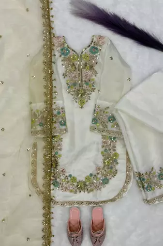 White gmy silk embroidery sequence work girls kids dress set