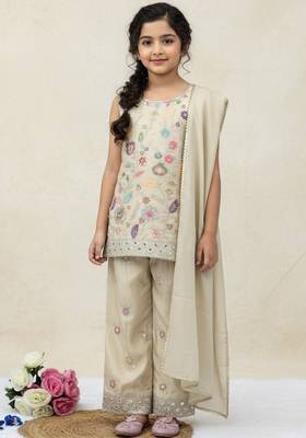 Cream cosmos silk embroidery sequence work for girls kids dress set 1