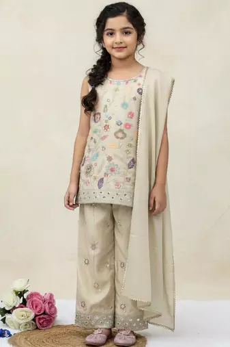 Cream cosmos silk embroidery sequence work for girls kids dress set