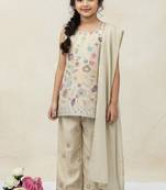 Cream cosmos silk embroidery sequence work for girls kids dress set