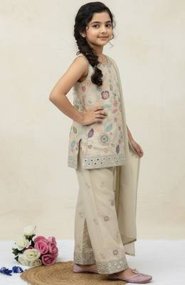 Cream cosmos silk embroidery sequence work for girls kids dress set 2