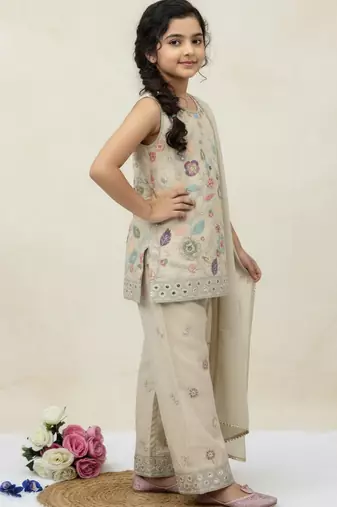 Cream cosmos silk embroidery sequence work for girls kids dress set