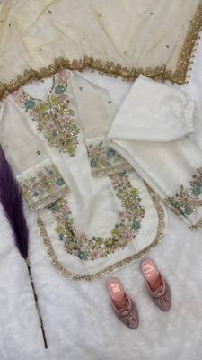 White gmy silk embroidery sequence work girls kids dress set 5