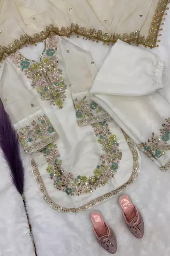 White gmy silk embroidery sequence work girls kids dress set