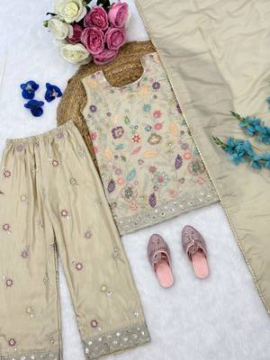 Cream cosmos silk embroidery sequence work for girls kids dress set 3