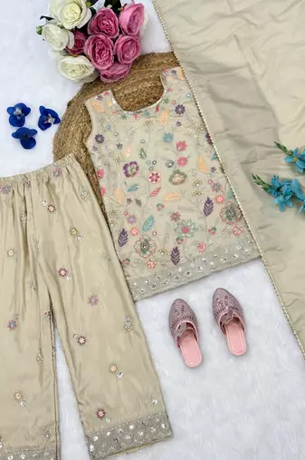 Cream cosmos silk embroidery sequence work for girls kids dress set