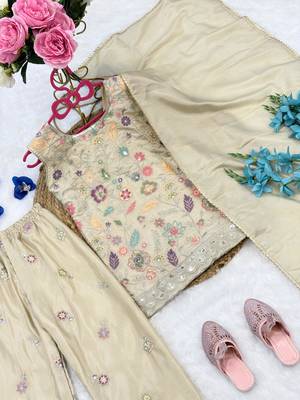 Cream cosmos silk embroidery sequence work for girls kids dress set 4