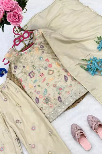 Cream cosmos silk embroidery sequence work for girls kids dress set
