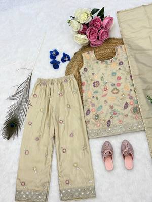 Cream cosmos silk embroidery sequence work for girls kids dress set 5
