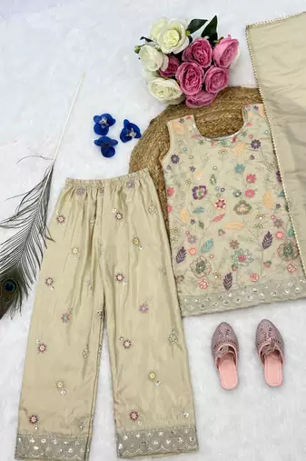 Cream cosmos silk embroidery sequence work for girls kids dress set