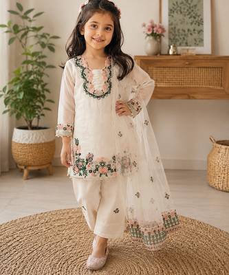 White fendi silk rich embroidery with elegant sequence work for girls kids dress set 1
