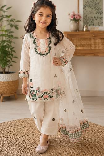 White fendi silk rich embroidery with elegant sequence work for girls kids dress set