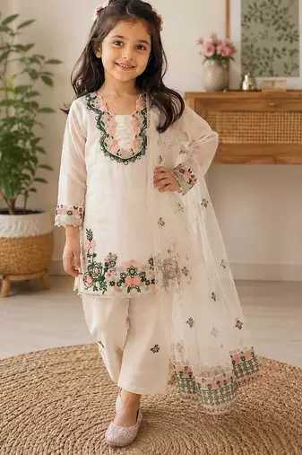 White fendi silk rich embroidery with elegant sequence work for girls kids dress set