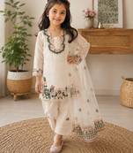 White fendi silk rich embroidery with elegant sequence work for girls kids dress set