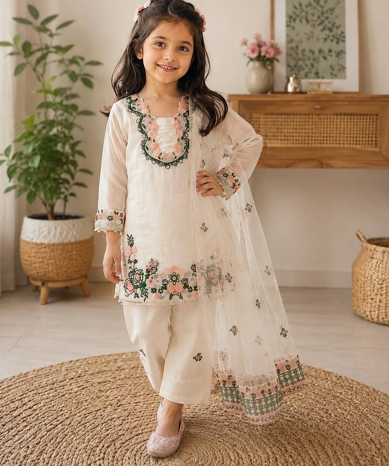 White fendi silk rich embroidery with elegant sequence work for girls kids dress set