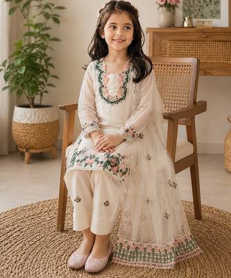 White fendi silk rich embroidery with elegant sequence work for girls kids dress set 2