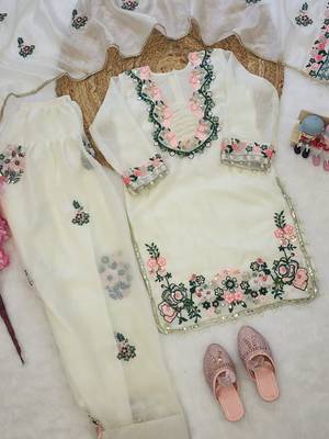 White fendi silk rich embroidery with elegant sequence work for girls kids dress set 3