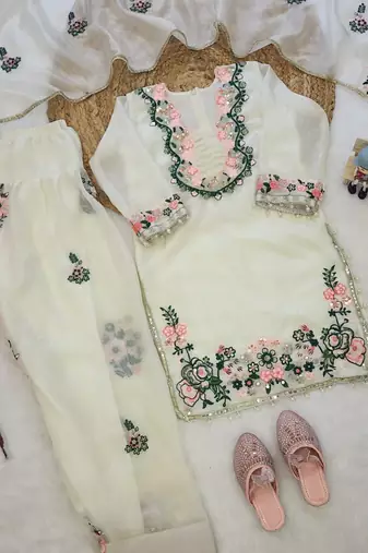 White fendi silk rich embroidery with elegant sequence work for girls kids dress set
