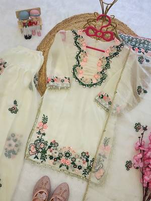 White fendi silk rich embroidery with elegant sequence work for girls kids dress set 4