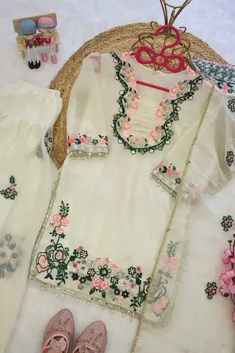 White fendi silk rich embroidery with elegant sequence work for girls kids dress set