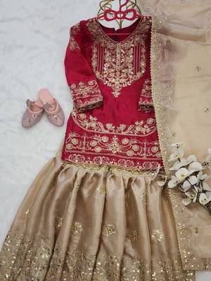Pink gmy silk embroidery cording sequence work for girls kids sharara set 5