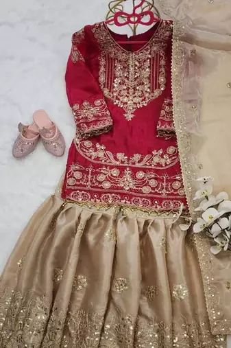 Pink gmy silk embroidery cording sequence work for girls kids sharara set