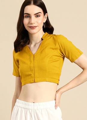 Yellow cotton hand embroidered non padded blouse 2