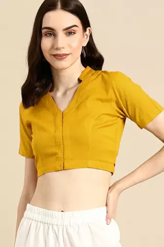 Yellow cotton hand embroidered non padded blouse