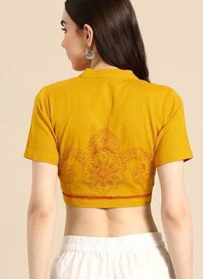 Yellow cotton hand embroidered non padded blouse 3