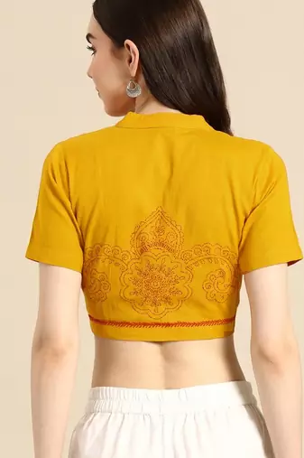 Yellow cotton hand embroidered non padded blouse