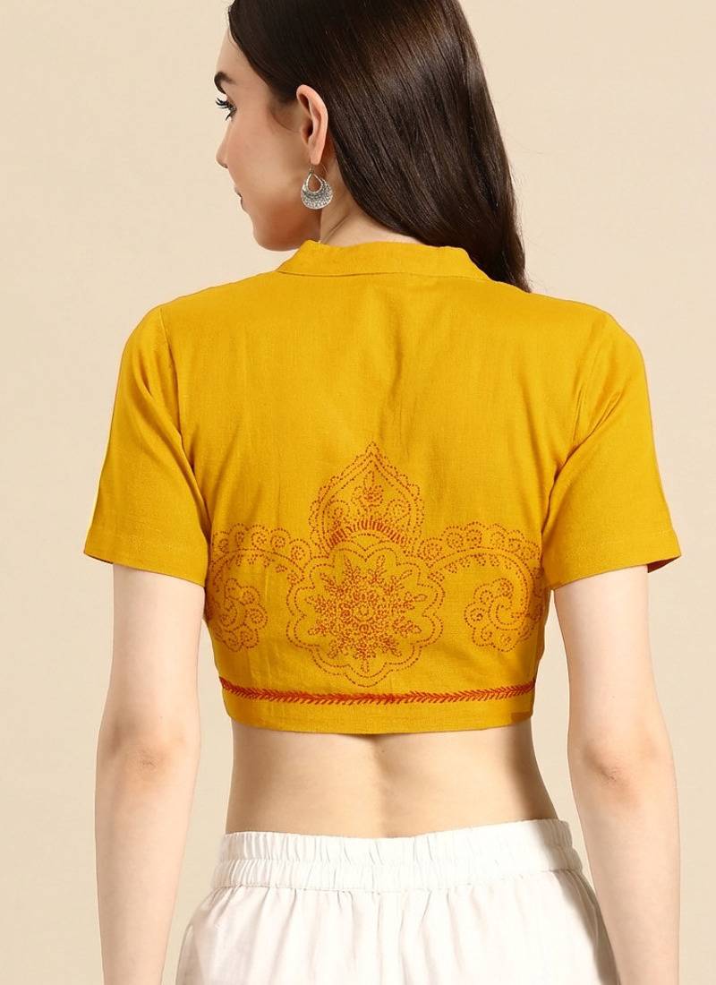 Yellow cotton hand embroidered non padded blouse