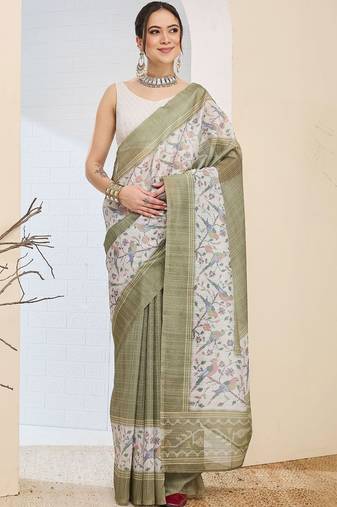 Olive checked design silk blend ready to wear saree
