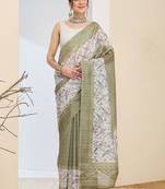Olive checked design silk blend ready to wear saree