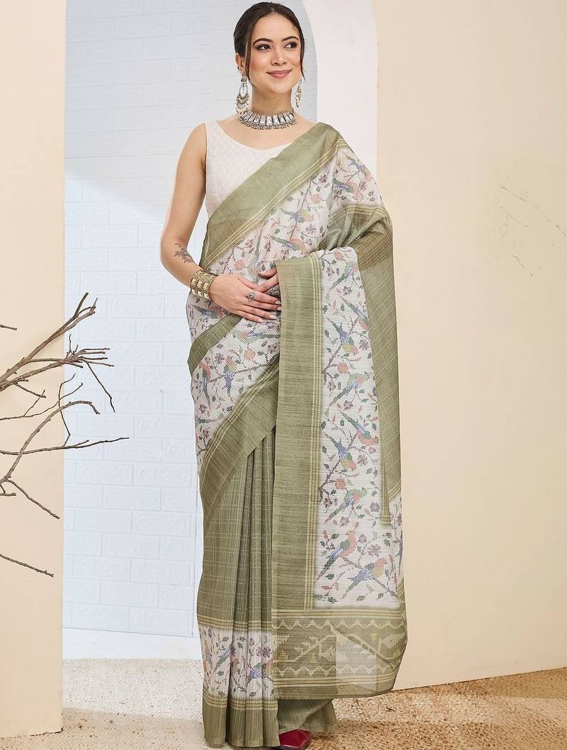 Olive checked design silk blend ready to wear saree