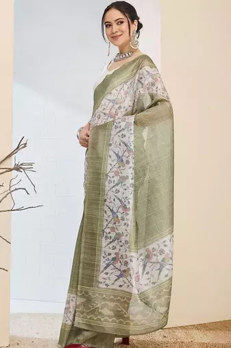 Olive checked design silk blend ready to wear saree