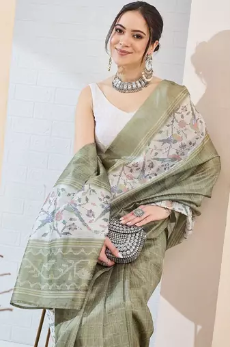 Olive checked design silk blend ready to wear saree