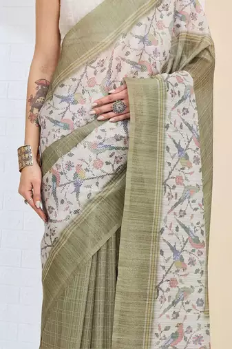 Olive checked design silk blend ready to wear saree